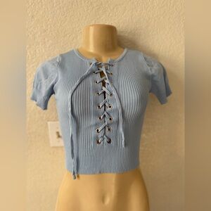 Light Blue Lace-Up Ribbed Top lace sexy y2k tee